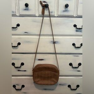 Vintage 1980's Aspects Tan Leather Basketweave Woven Bag Purse Handbag Korea